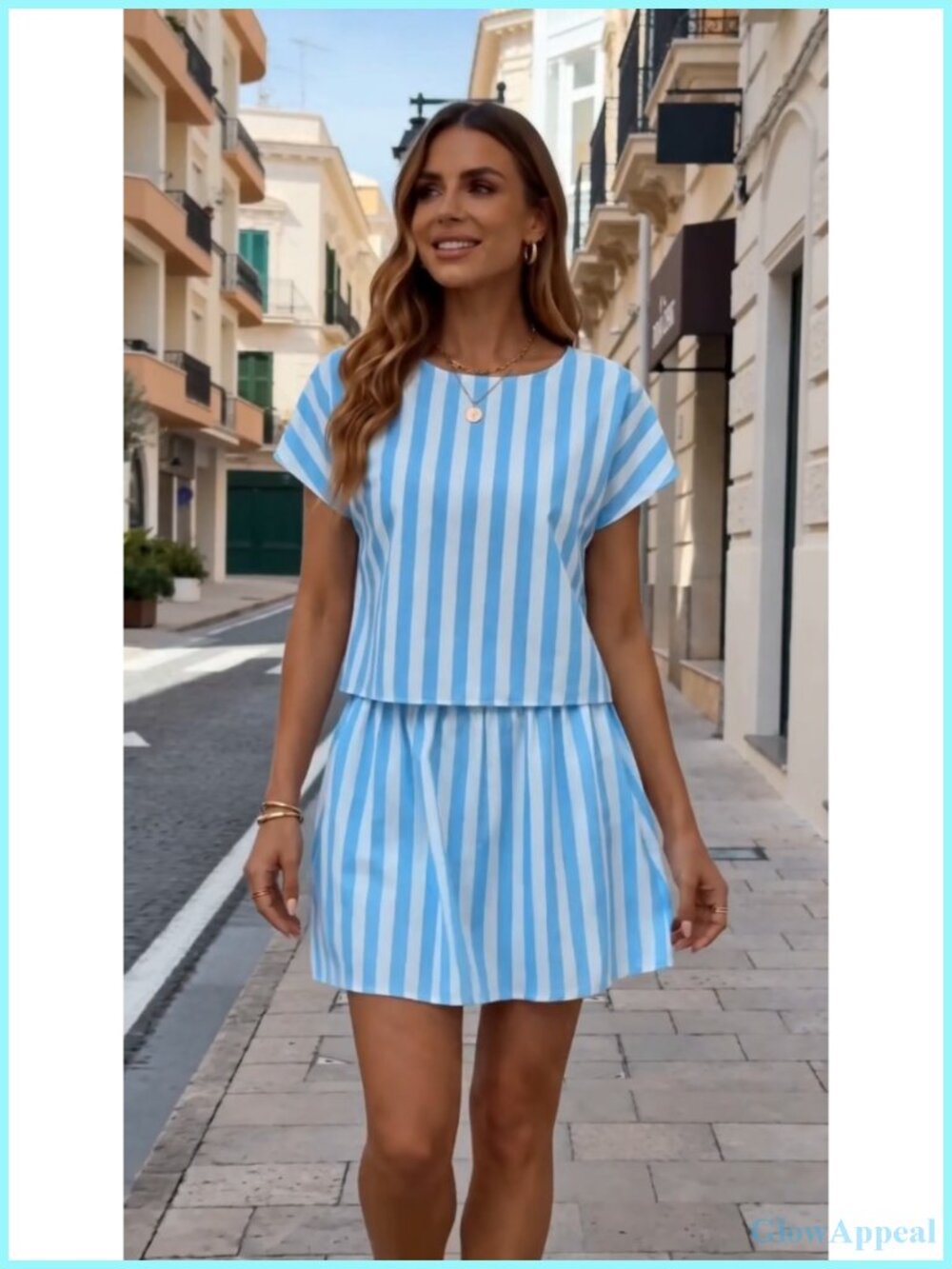 Striped 2 Piece Skirt Set Crop Top Mini Skort Lounge Set - Picture 6 of 6